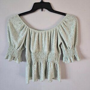 $89 JOIE Women's Green Eyelet Romantic Blouse Small Elastic Waist